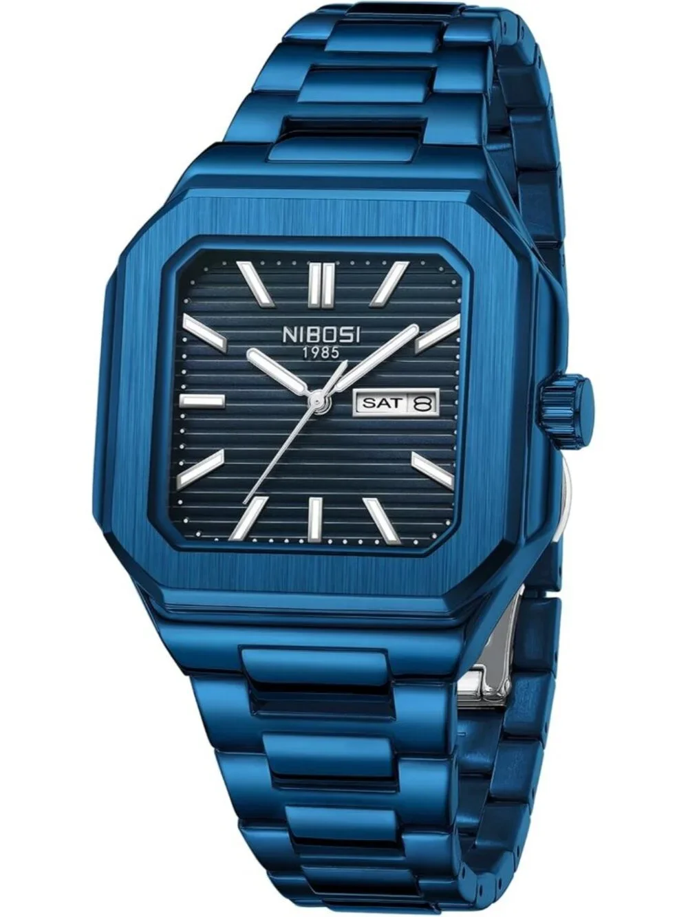 Men's Blue Square Analog Quartz Stainless Steel Waterproof Classic Wrist Watch